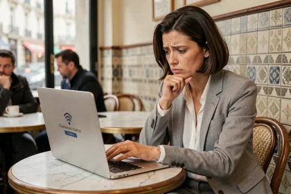 Femme professionnelle frustrée par un problème de connexion WiFi Nomade Paris dans un café parisien