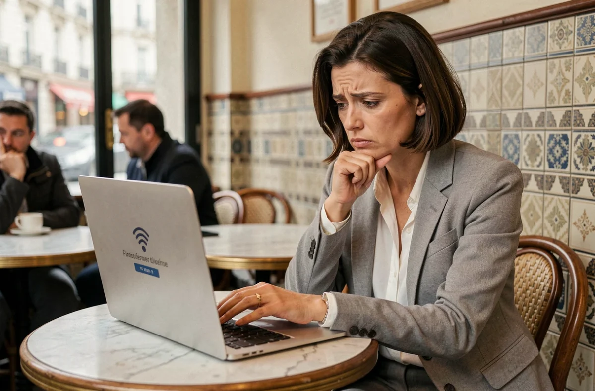 Femme professionnelle frustrée par un problème de connexion WiFi Nomade Paris dans un café parisien