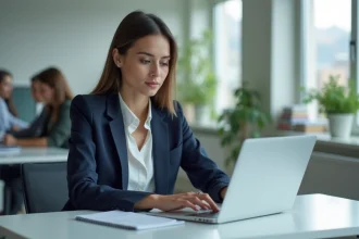 Professionnelle utilisant LinkedIn sur son ordinateur portable pour optimiser ses accroches avec du texte gras