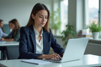 Professionnelle utilisant LinkedIn sur son ordinateur portable pour optimiser ses accroches avec du texte gras