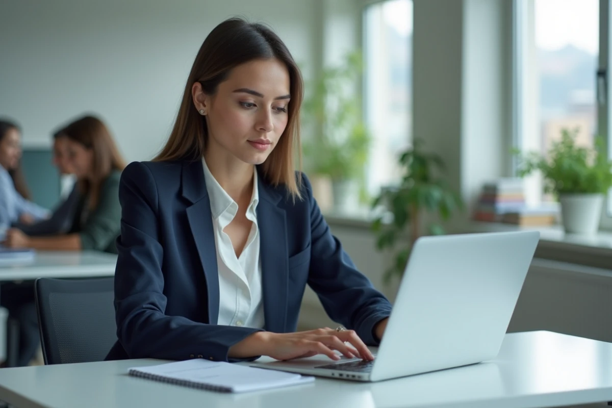 Professionnelle utilisant LinkedIn sur son ordinateur portable pour optimiser ses accroches avec du texte gras