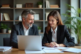Deux professionnels en réunion dans un bureau moderne
