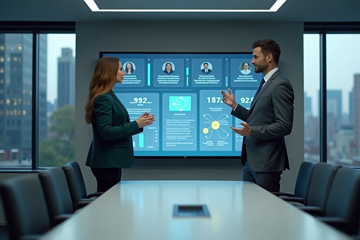 Deux professionnels RH analysant un tableau de bord de recrutement assisté par intelligence artificielle en salle de réunion