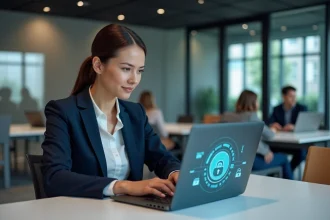 Femme professionnelle consultant un coffre-fort numérique sécurisé Arkevia sur ordinateur portable en open space