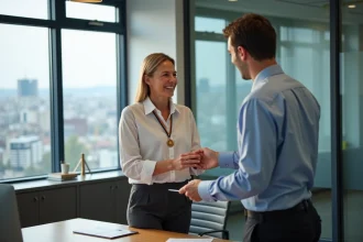 Femme recevant une medaille du travail en bureau moderne