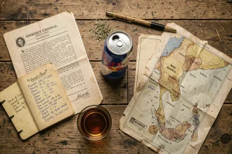 Composition flat lay vintage avec canette Red Bull originale, carte de Thaïlande et documents historiques sur table en bois