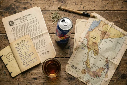 Composition flat lay vintage avec canette Red Bull originale, carte de Thaïlande et documents historiques sur table en bois