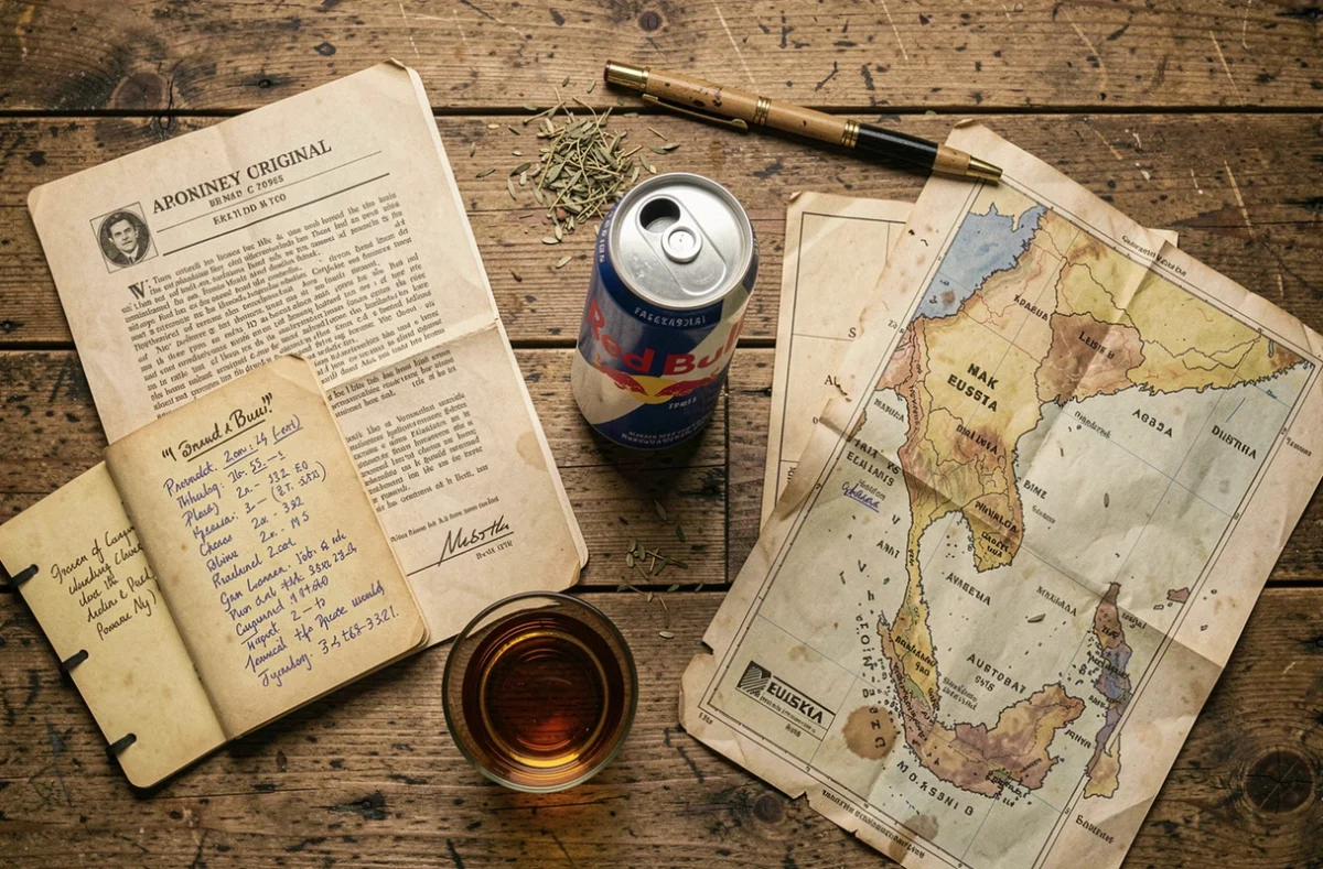 Composition flat lay vintage avec canette Red Bull originale, carte de Thaïlande et documents historiques sur table en bois
