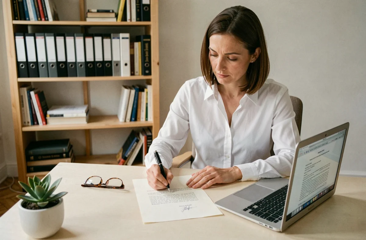 Femme rédigeant un courrier de rupture conventionnelle à son bureau à domicile avec un modèle de lettre sur écran