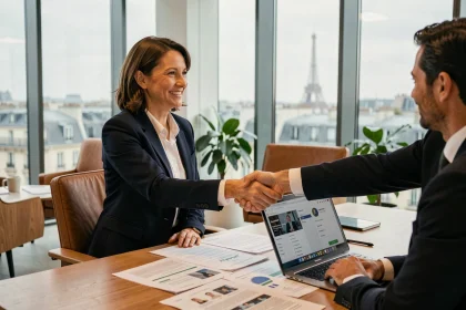 Femme d'affaires française serrant la main d'un partenaire commercial dans un bureau moderne à Paris, illustrant le networking professionnel sur un réseau business en ligne français