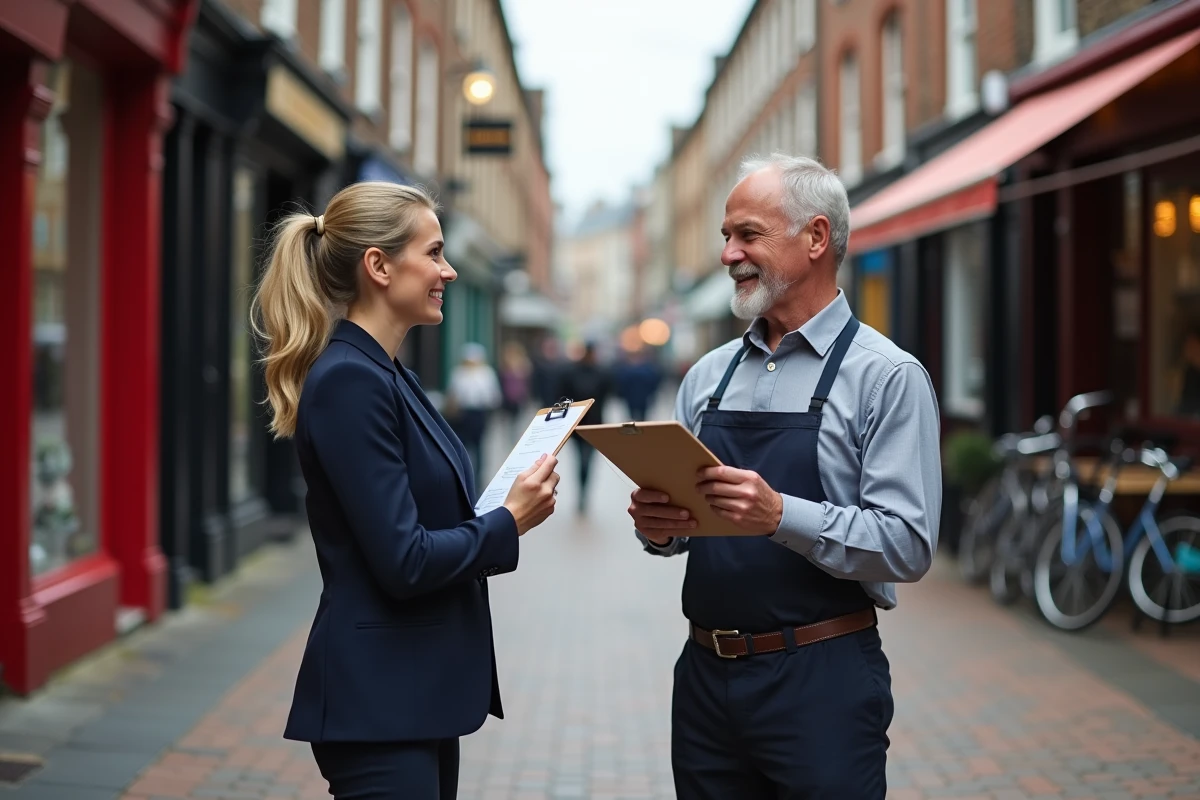 Responsable d'association commerciale discutant avec un commerçant local dans une rue commerçante animée