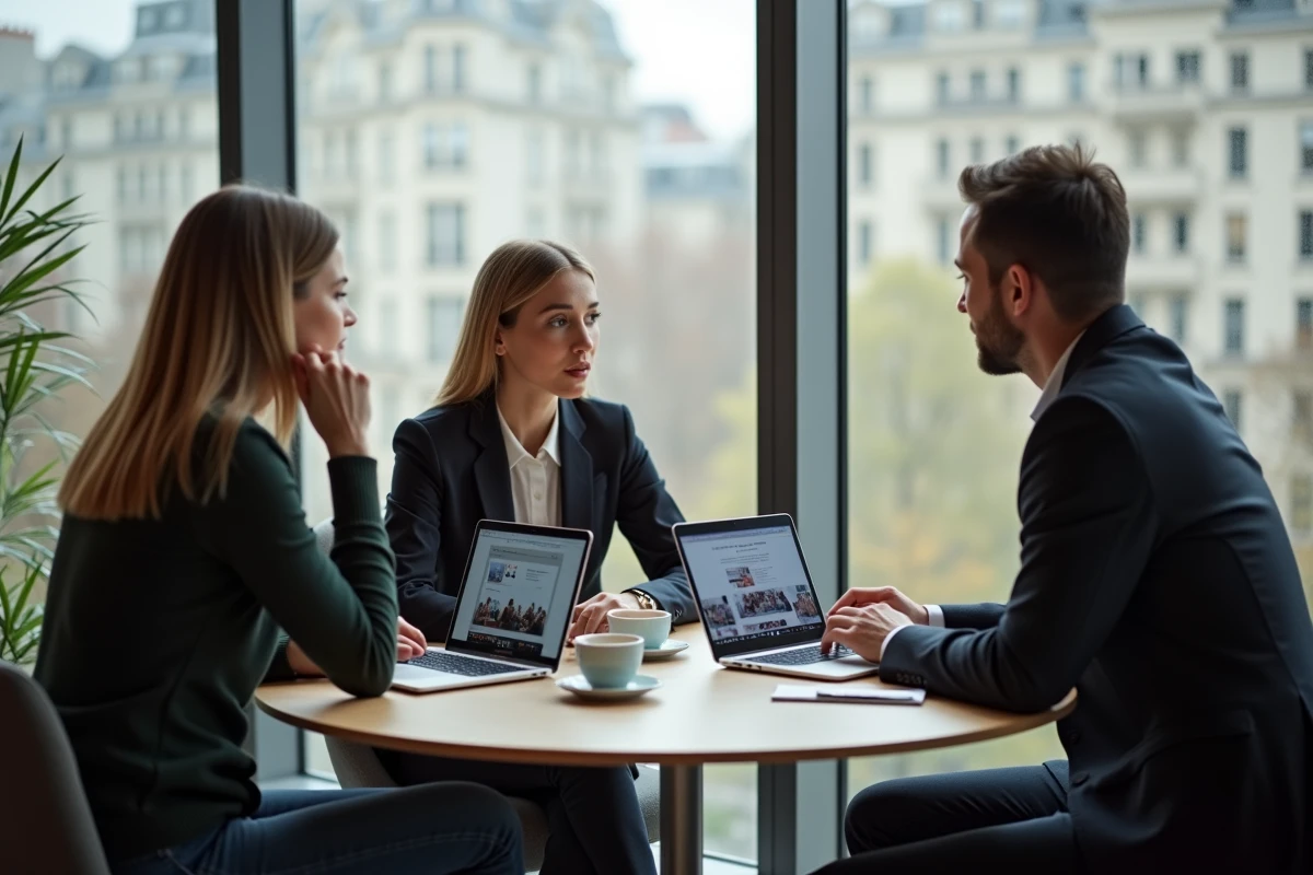 Professionnels français analysant les retombées et replays de l'événement Lesentreprisesfrenchy autour d'une table dans un espace de coworking