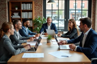 Réunion de planification d'une association d'amélioration des affaires avec des membres autour d'une table de travail collaborative