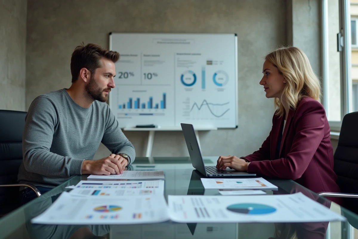 Deux professionnels discutant de stratégie data et de performance digitale lors d'une réunion à Paris