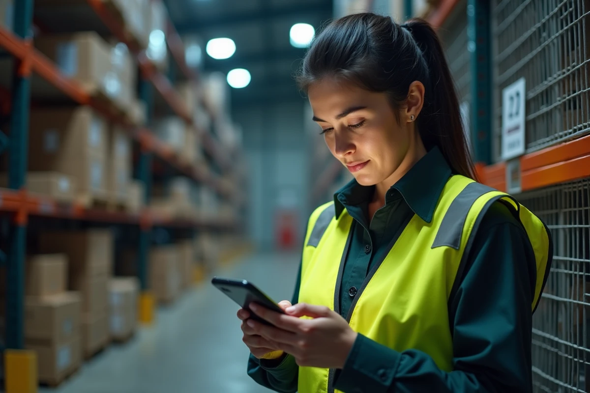 Employée logistique consultant une application de calcul de salaire de nuit dans un entrepôt industriel