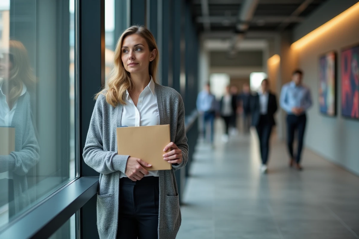 Salariée tenant une enveloppe signée dans un couloir de bureau après la finalisation d'une rupture conventionnelle