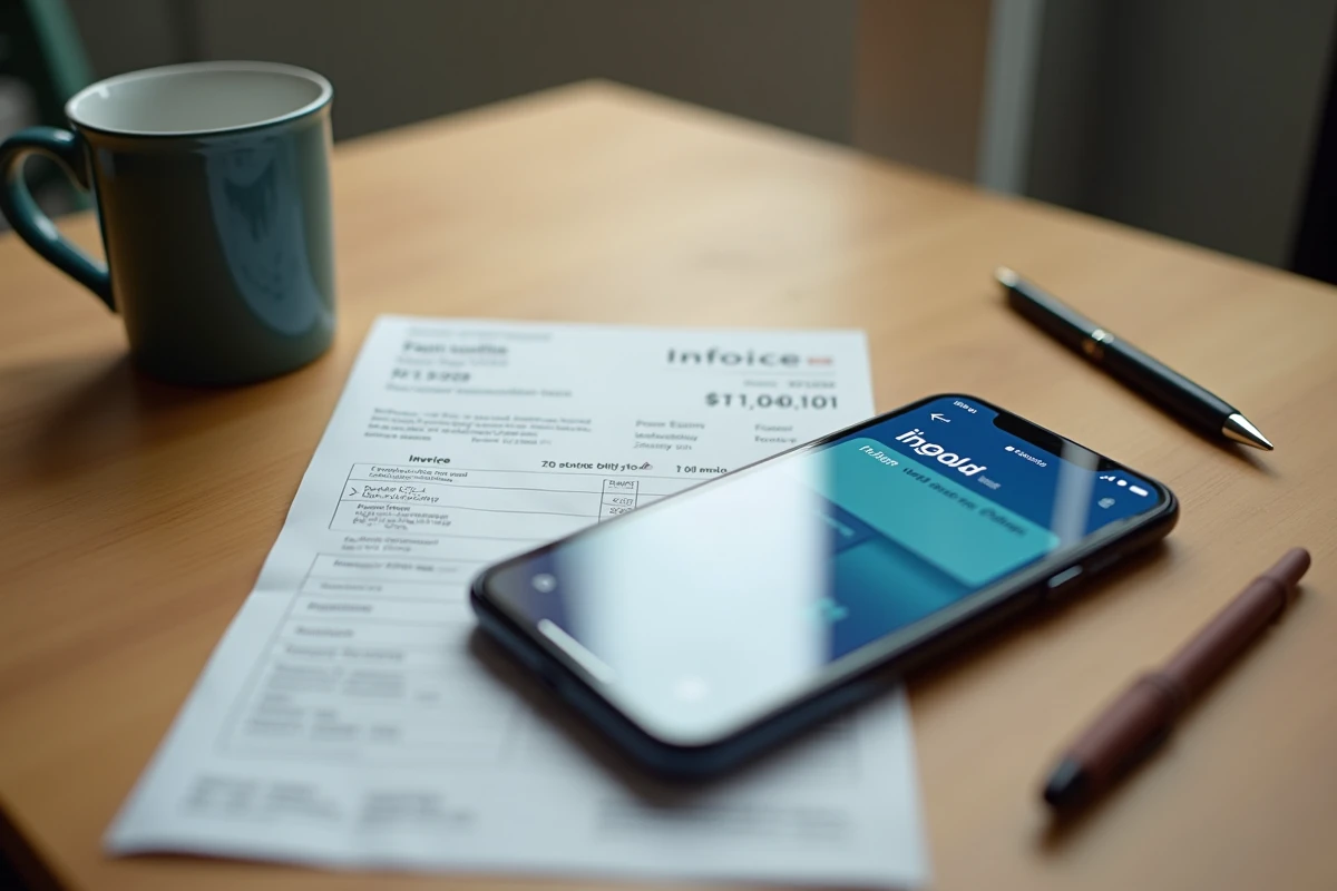 Smartphone affichant une application de virement bancaire INFINITE Remit Services posé à côté d'une facture Shein imprimée