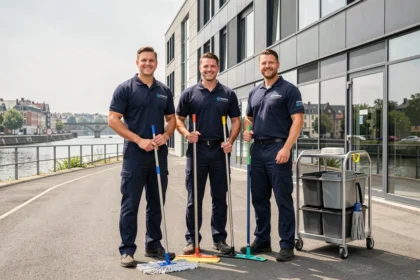 Équipe de nettoyage professionnelle en Moselle devant un bâtiment commercial moderne à Metz
