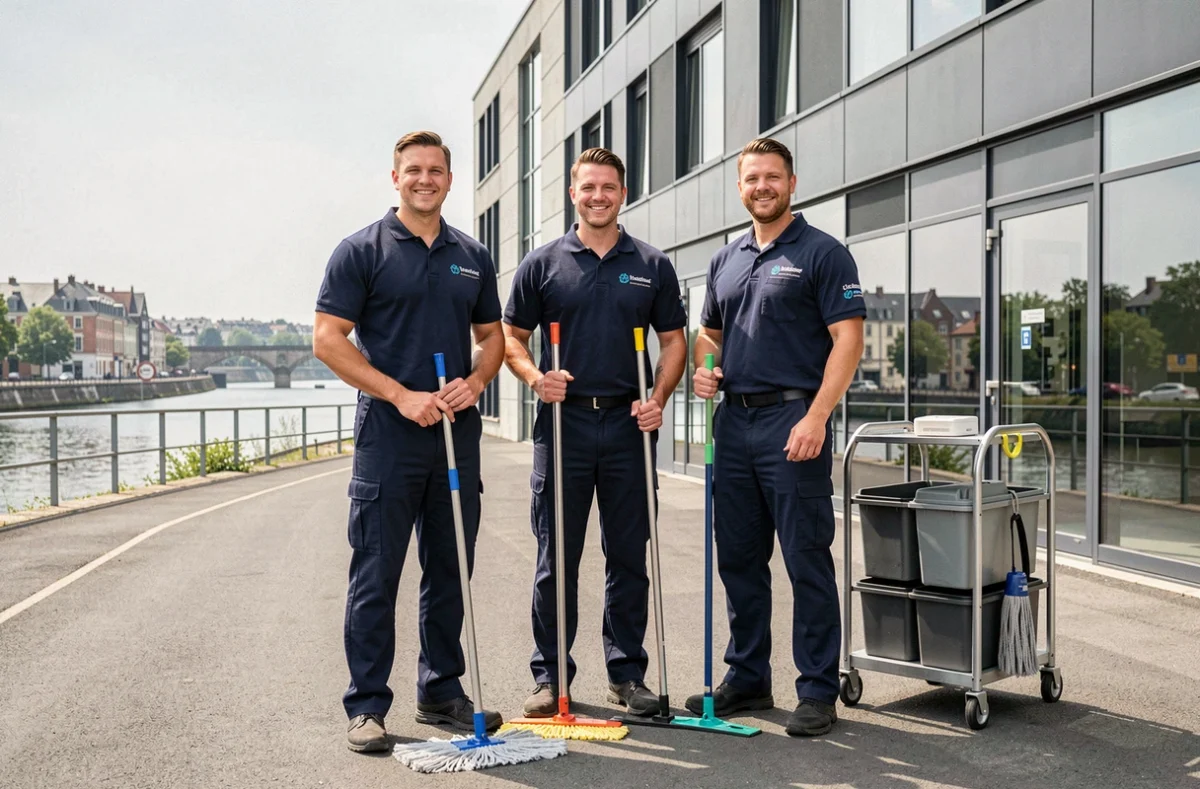 Équipe de nettoyage professionnelle en Moselle devant un bâtiment commercial moderne à Metz