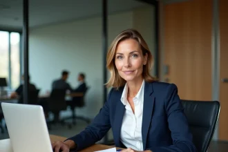 Femme professionnelle analysant une stratégie B2B sur ordinateur portable dans une salle de réunion moderne