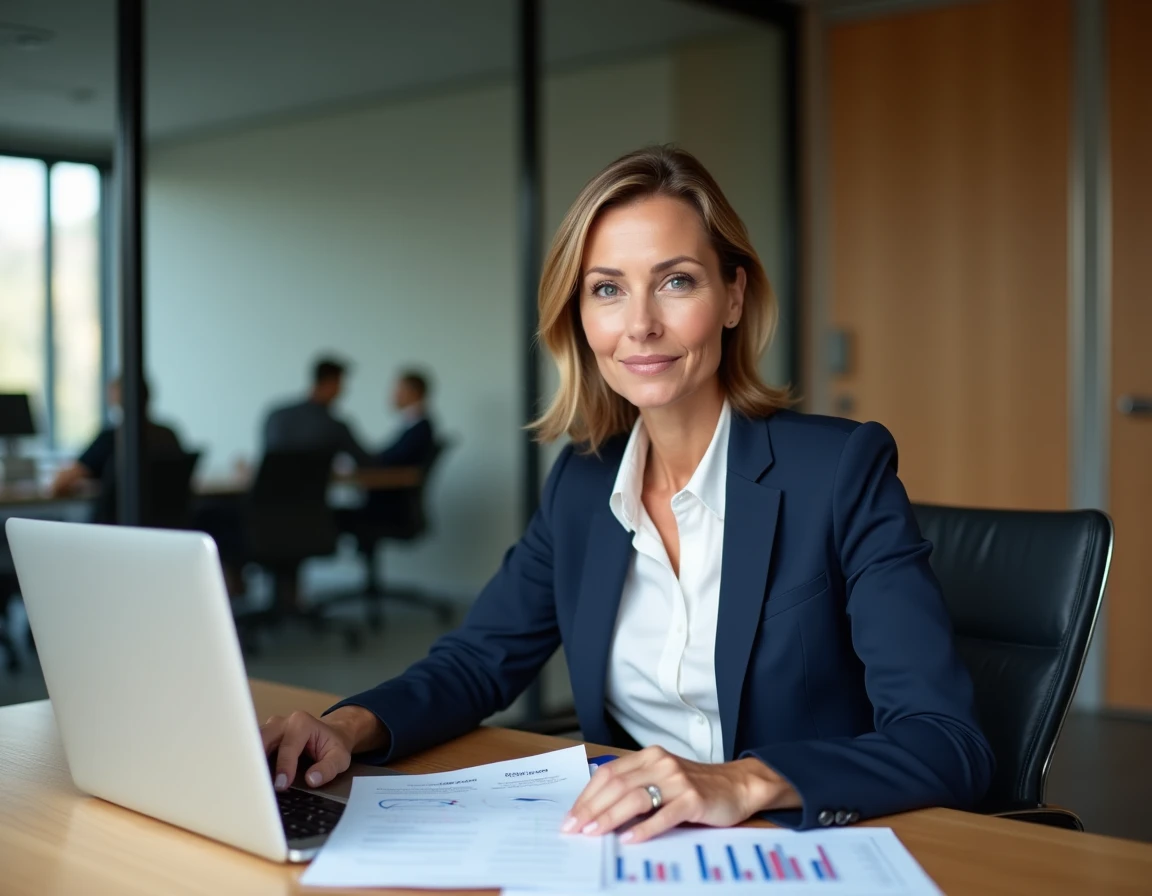 Femme professionnelle analysant une stratégie B2B sur ordinateur portable dans une salle de réunion moderne