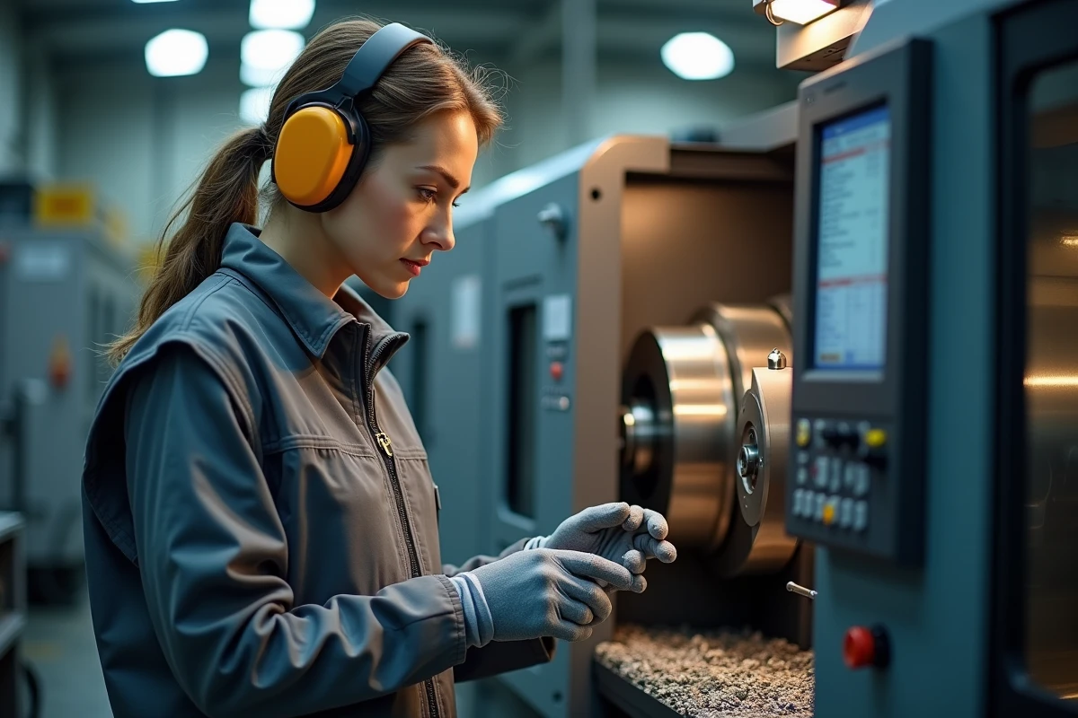 Technicienne ajustant les paramètres d'un tour CNC pour améliorer la productivité et optimiser les cycles d'usinage