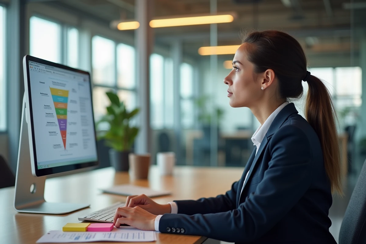Femme professionnelle analysant un tunnel de vente automatisé sur un écran d'ordinateur dans un bureau moderne