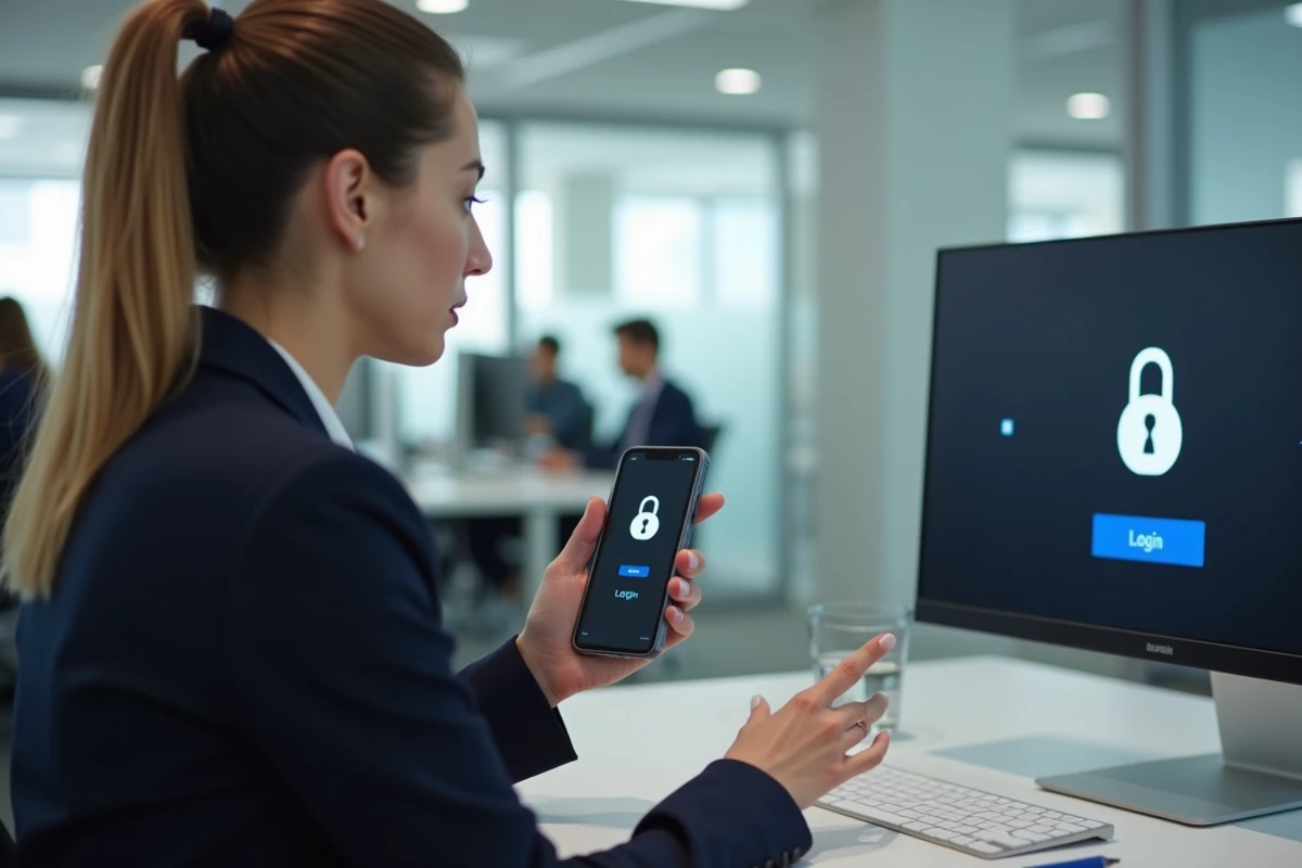 Femme professionnelle tentant de valider sa connexion sur artisan-en-1-clic.fr depuis son smartphone et ordinateur