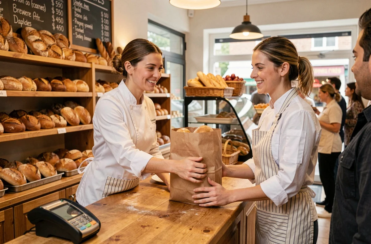 Vendeuse en boulangerie servant une cliente au comptoir, illustration du quotidien professionnel et du contexte salarial