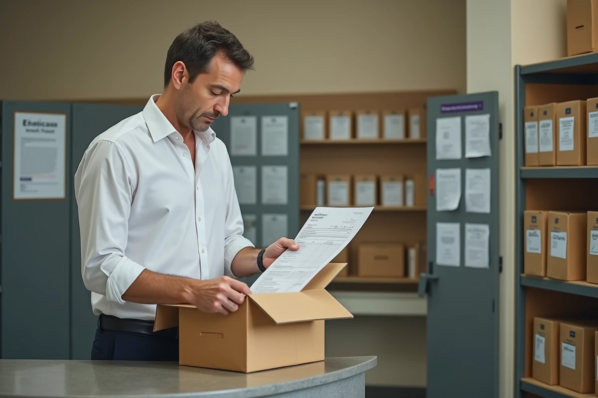 Agent administratif comparant un bon de commande Berger Levrault avec le contenu d'un colis reçu dans une salle de courrier de service public