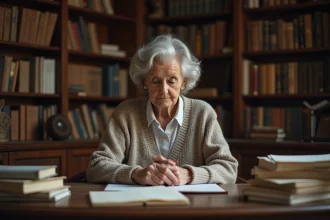 Femme âgée lisant des manuscrits dans un bureau chaleureux