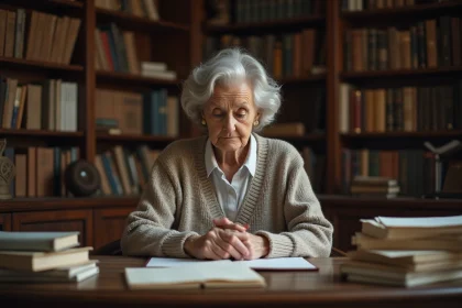 Femme âgée lisant des manuscrits dans un bureau chaleureux